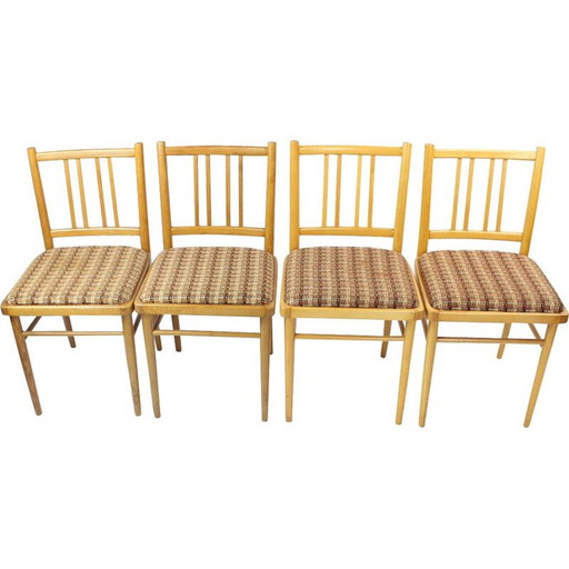 Set of 4 vintage oak wood and fabric chairs by Ton, Czechoslovakia 1960