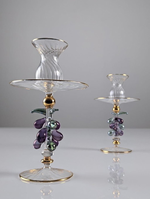 2X Venetian Glass And Gold Candlesticks 1950S