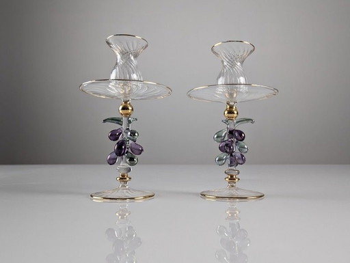 2X Venetian Glass And Gold Candlesticks 1950S