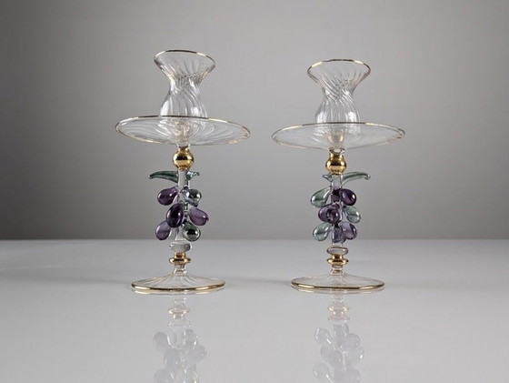 Image 1 of 2X Venetian Glass And Gold Candlesticks 1950S