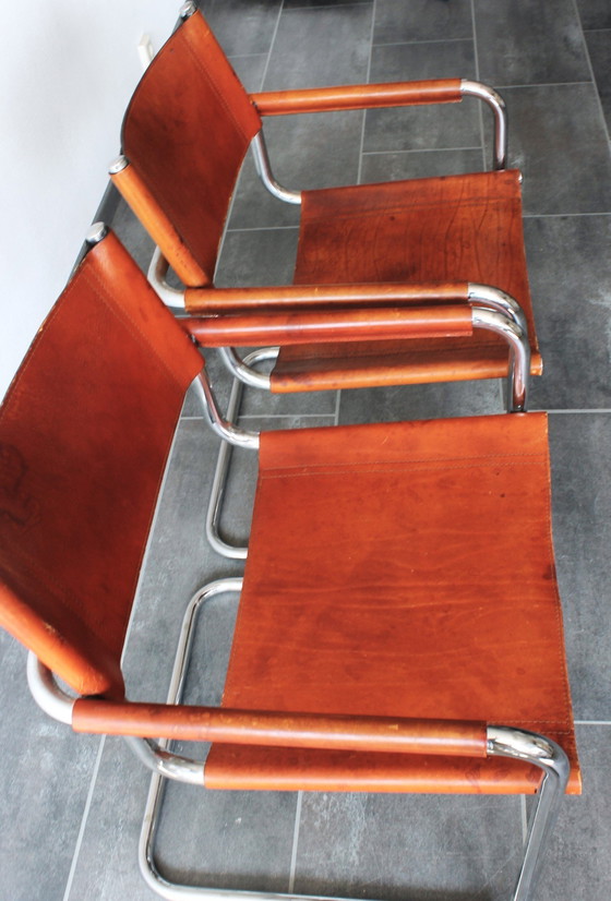 Image 1 of Sedia con struttura tubolare modello S34 con pelle color cognac