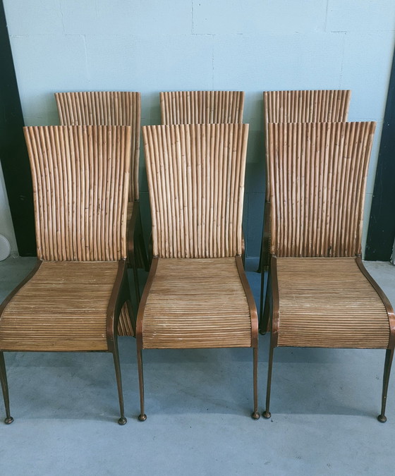 Image 1 of Unique Set Of 6 Vintage Rattan Dining Chairs