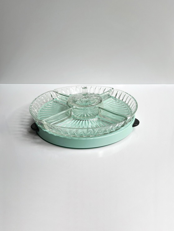 Image 1 of Vintage Cabaret Turntable Lazy Susan Serving Turntable Rotatable Cake Stand Mid - Century 50s Mint Green
