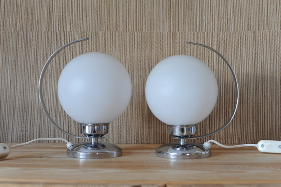 Image 1 of Set Of 2 Chrome Table Lamps With Glass Globe In Art Deco Style