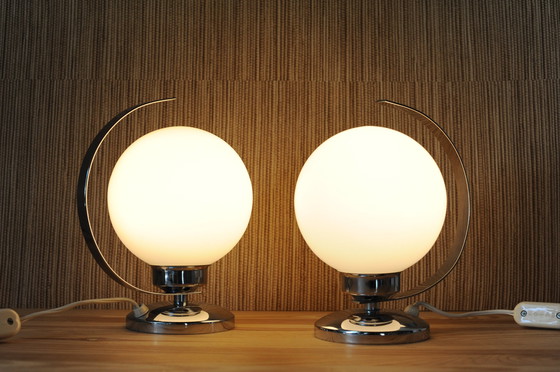 Image 1 of Set Of 2 Chrome Table Lamps With Glass Globe In Art Deco Style