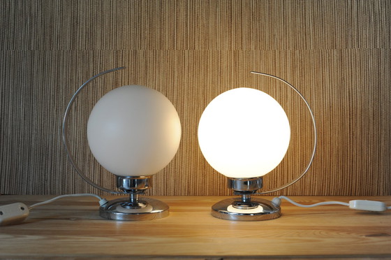 Image 1 of Set Of 2 Chrome Table Lamps With Glass Globe In Art Deco Style