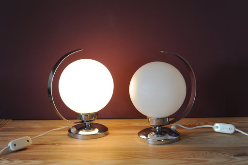 Set Of 2 Chrome Table Lamps With Glass Globe In Art Deco Style