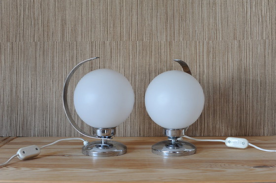 Image 1 of Set Of 2 Chrome Table Lamps With Glass Globe In Art Deco Style