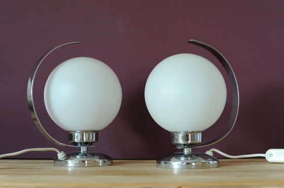 Image 1 of Set Of 2 Chrome Table Lamps With Glass Globe In Art Deco Style