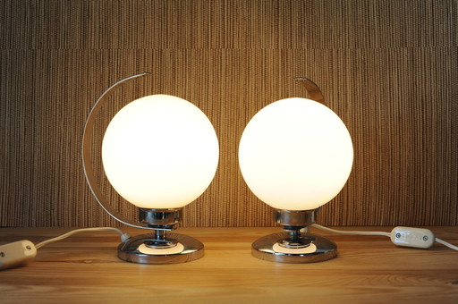 Set Of 2 Chrome Table Lamps With Glass Globe In Art Deco Style