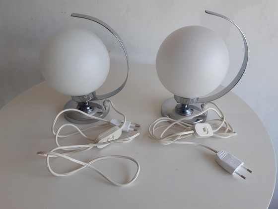 Image 1 of Set Of 2 Chrome Table Lamps With Glass Globe In Art Deco Style