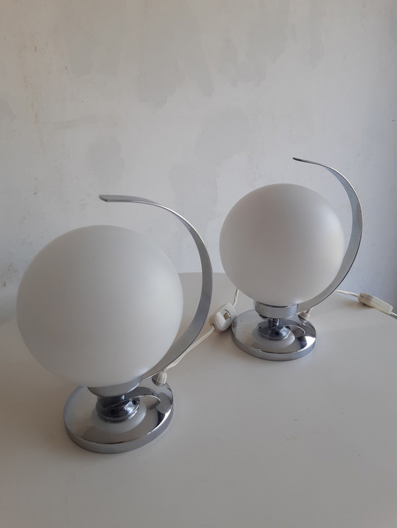 Image 1 of Set Of 2 Chrome Table Lamps With Glass Globe In Art Deco Style