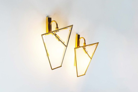 Image 1 of Ensemble de deux appliques vintage en laiton poli faites à la main par Sische