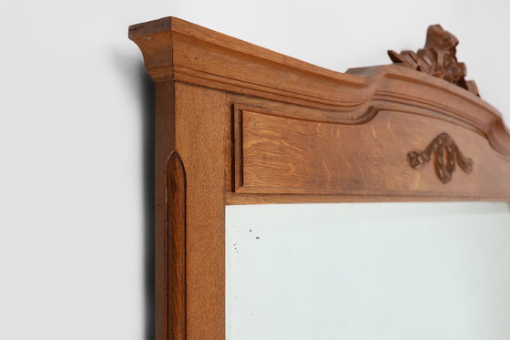 Image 1 of Art Deco Mirror In Oak With Carved Decorations And Facet Cut Mirror, 1930S
