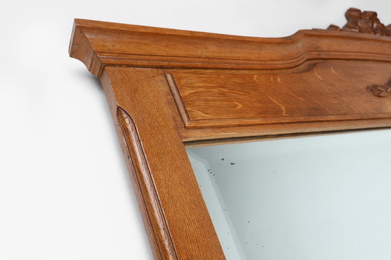 Image 1 of Art Deco Mirror In Oak With Carved Decorations And Facet Cut Mirror, 1930S