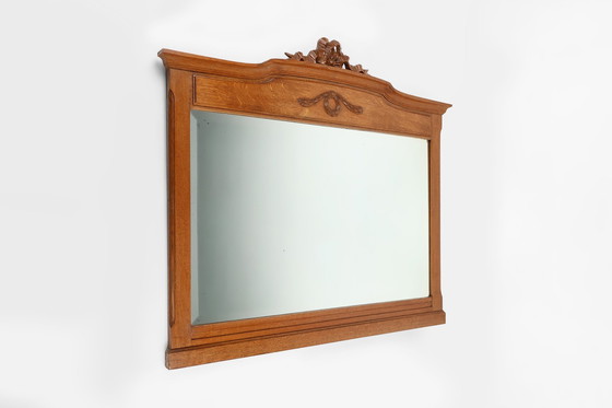 Image 1 of Art Deco Mirror In Oak With Carved Decorations And Facet Cut Mirror, 1930S