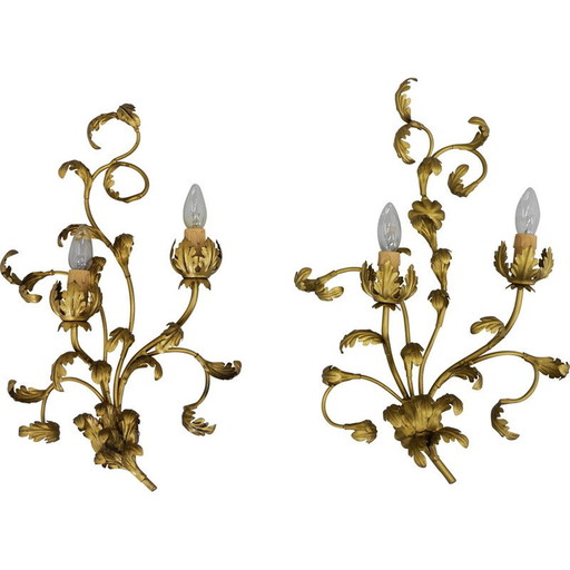 Pair of vintage gold wall lights with floral pattern, Italy 1960