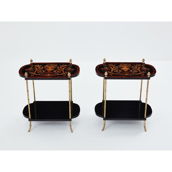 Image 1 of Pair of vintage side tables in blackened pear wood and bronze for La Maison Baguès, 1940