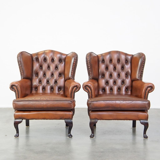 2 X Beef Leather Chesterfield Ear Armchair