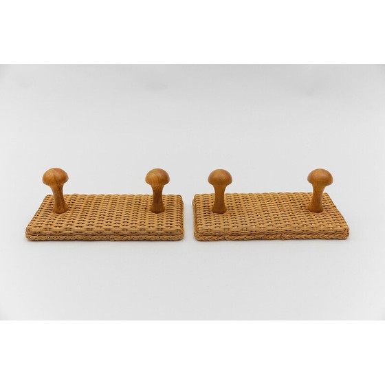 Image 1 of Pair of vintage rattan and wood wall hooks, 1960