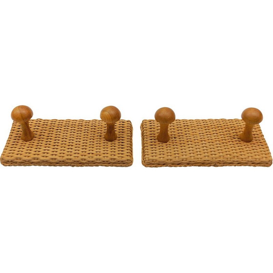 Image 1 of Pair of vintage rattan and wood wall hooks, 1960