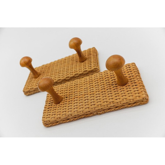 Image 1 of Pair of vintage rattan and wood wall hooks, 1960