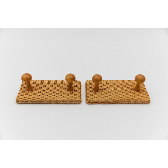 Image 1 of Pair of vintage rattan and wood wall hooks, 1960