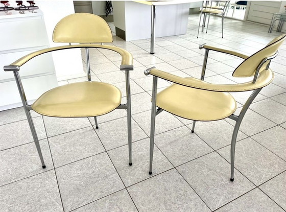 Image 1 of 6x Arrben soft yellow leather dining chairs