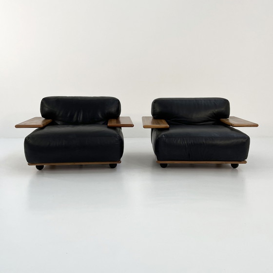 Image 1 of Set Of 2 Pianura Armchairs In Black Leather By Mario Bellini For Cassina, 1970S