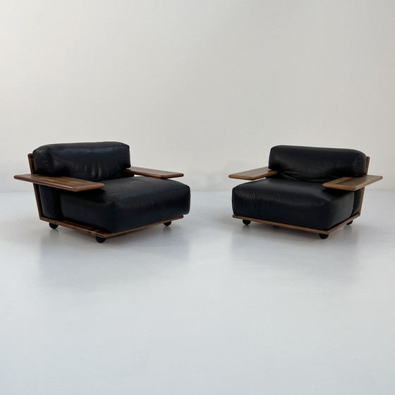 Image 1 of Set Of 2 Pianura Armchairs In Black Leather By Mario Bellini For Cassina, 1970S