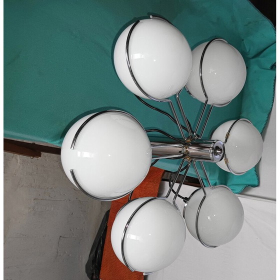 Image 1 of Vintage chandelier in chrome metal and opaline glass for Targetti Sankey, Italy 1970