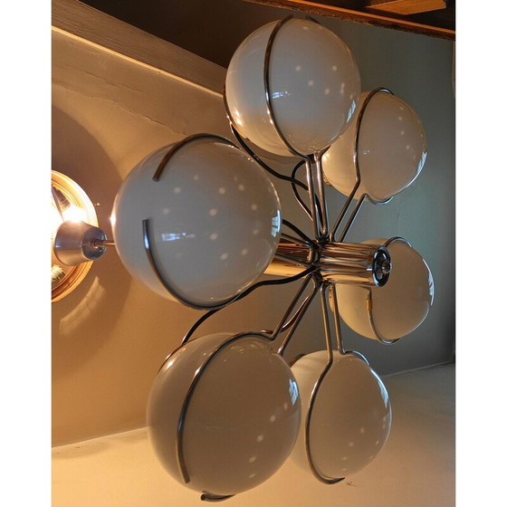 Image 1 of Vintage chandelier in chrome metal and opaline glass for Targetti Sankey, Italy 1970