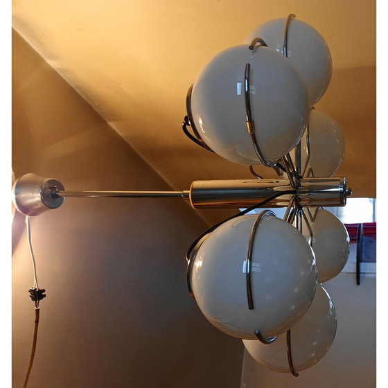 Image 1 of Vintage chandelier in chrome metal and opaline glass for Targetti Sankey, Italy 1970