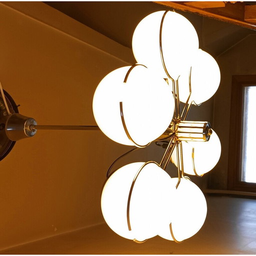 Vintage chandelier in chrome metal and opaline glass for Targetti Sankey, Italy 1970