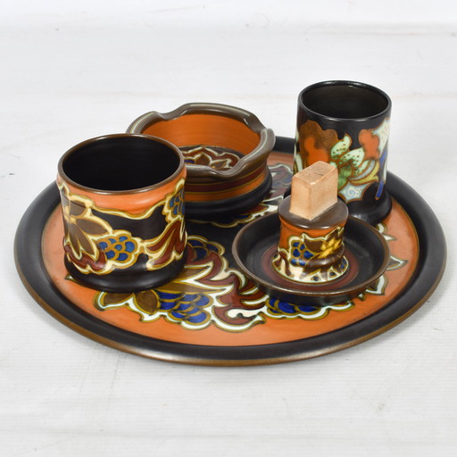 Gouds Plateel - Nadro - Ensemble complet avec bol, pot à couvercle, vase et cendrier - 1920s'