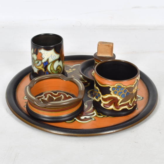 Image 1 of Gouds Plateel - Nadro - Complete set with bowl, lidded jar, vase and ashtray - 1920s'