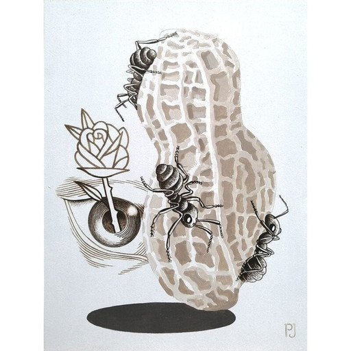 Pintura acrílica vintage "Hormigas y cacahuetes" de Pierre Jacob, 2020