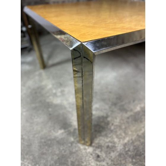 Image 1 of Italian vintage square table in moiré metal and elmwood burr, 1970