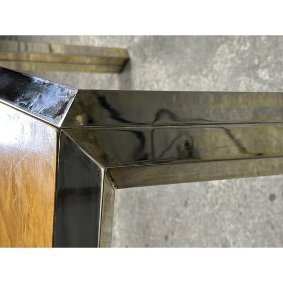 Image 1 of Italian vintage square table in moiré metal and elmwood burr, 1970
