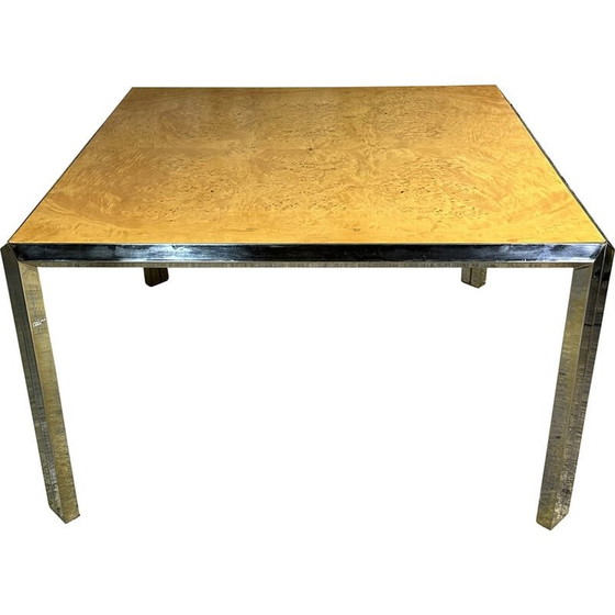Image 1 of Italian vintage square table in moiré metal and elmwood burr, 1970
