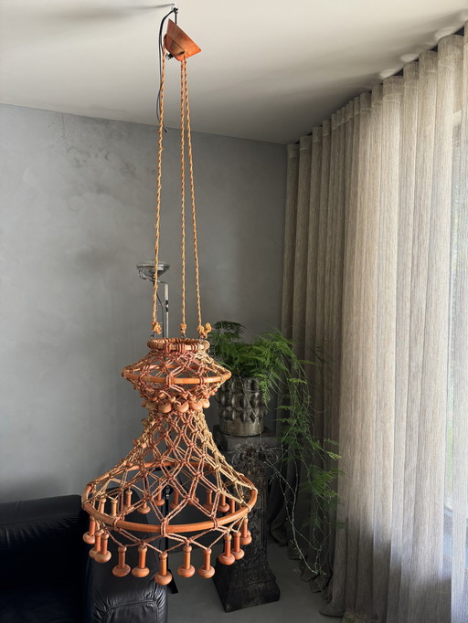 Seventies Unique Large Hand Knotted Madcramé Pendant Lamp Temde Leuchten