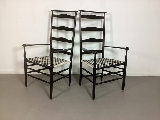2 Vintage Shaker Chairs Black Wood Shawl Back Arm Chairs