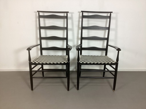 2 Vintage Shaker Chairs Black Wood Shawl Back Arm Chairs