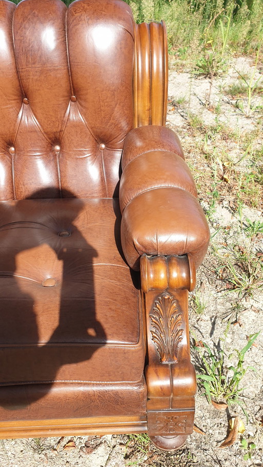 Retro Vintage Classic Leather Armchairs With Sofa Walnut