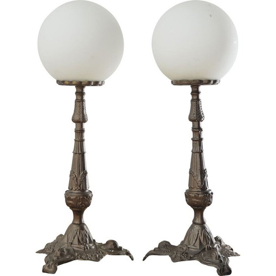 Image 1 of Coppia di lampade da tavolo vintage in metallo e vetro