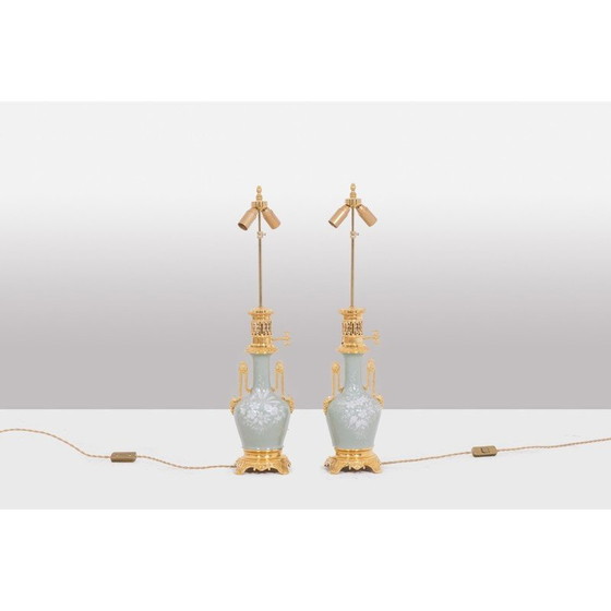 Image 1 of Pair of vintage Céladon lamps in porcelain and bronze, France 1880