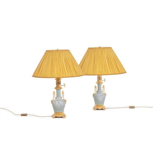 Coppia di lampade Céladon d'epoca in porcellana e bronzo, Francia 1880