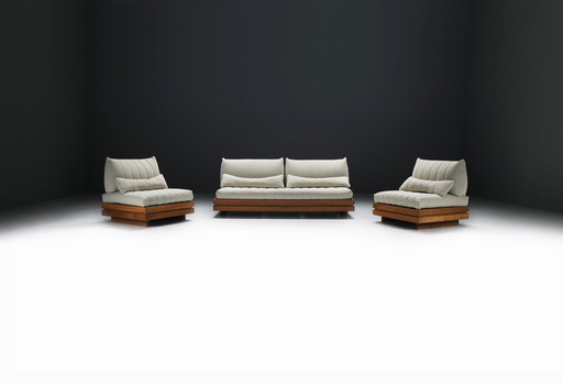 Perfect Elm Wooden Lounge Set In Bouclé By Maison Regain France 1970S