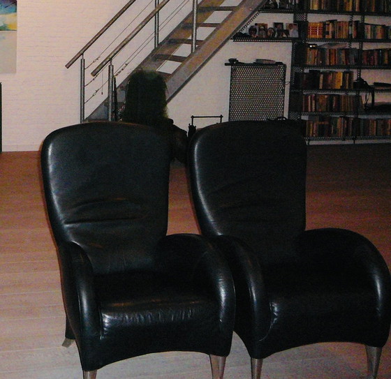 Image 1 of 2x Molinari Black Leather Armchairs Designer For Molinari Teun Van Zanten