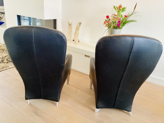 Image 1 of 2x Molinari Black Leather Armchairs Designer For Molinari Teun Van Zanten